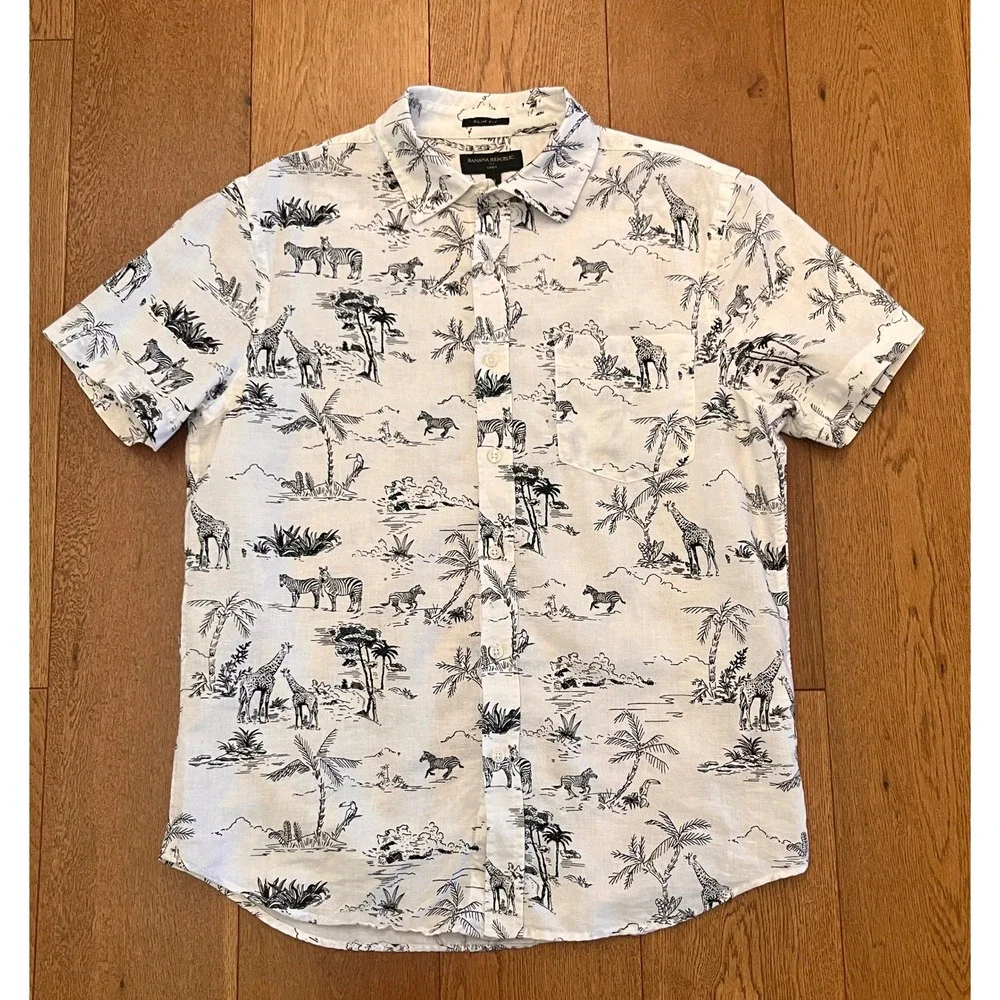 Banana Republic Shirt Mens Small White Excellent Safari Toile Linen Slim Fit